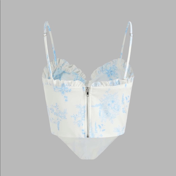 Floral ruffle corset tank top white with light blue detailing - Picture 3 of 4